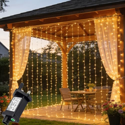 Joysing Curtain Lights 6M x 3M Curtain Fairy Lights Plug in with Timer, 600 LED Christmas Light Curtain Waterproof Gazebo Light for Bedroom Wall Wedding Indoor Outdoor Xmas Decorations