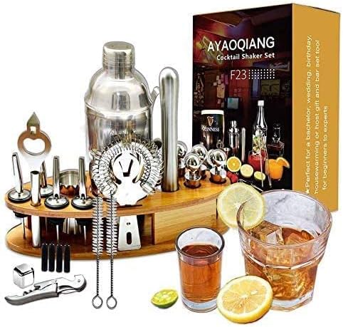 AYAOQIANG Cocktail Mixing Set,Cocktail Shaker Set for Bartender,750ml Stainless Steel Bar Tool Kit with Bamboo Display Stand,Kitchen and Bar Cocktail Making Set