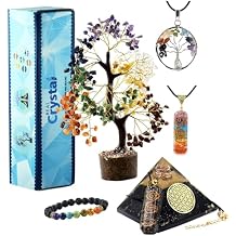 Seven Chakra Healing Crystal Tree, Bracelet & 2 Pendant Necklace w/Black Tourmaline Orgonite Pyramid & Pendant Necklace Spiritual Good Luck Gift, Birthday Gift for Women, Men, Home, Office