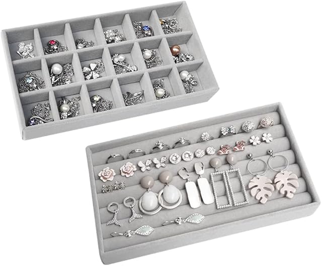 CAEEKER Jewellery Storage Trays, 2 PCS Stackable Jewellery Drawer Organiser Insert Velvet Jewelry Trays Organizer Removable Jewelry Display Case Box Showcase for Earrings Rings Necklace Storage Holder