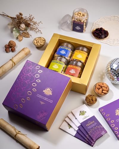 Image of Nature's Blend Essential Dry Fruits Selected Gift Set | Festive New| Badam Kaju Pista Kishmish | Pack of 4 x 100g Jars | Healthy Gifting for all occassion | Almond, Cashew, Pistachio Inshell Roasted, Raisins | Perfect Corporate & Festive Dry Fruit Gift Hampers | Perfect Corporate Gift Hamper