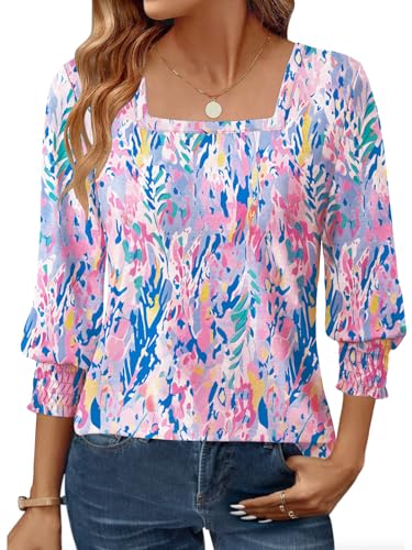 GKBK Womens 3/4 Sleeve Shirts Square Neck Dressy Casual Blouses Spring Summer Smocked Cuffs Tops
