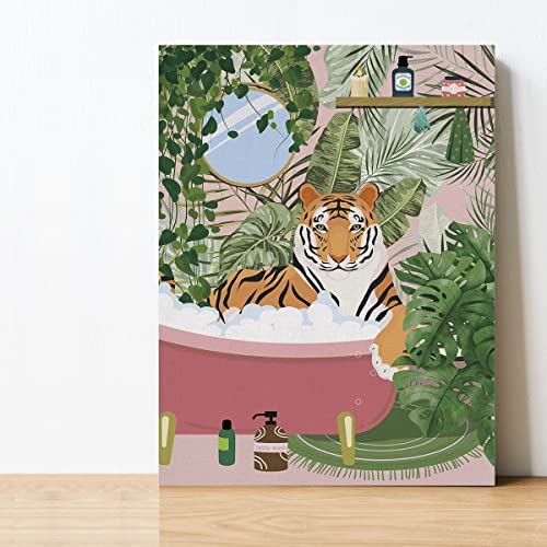 Tiger In Bathtub Canvas Poster Painting Bathroom Wall Art, Boho Jungle Picture Artwork Framed Botanical Print Ready To Hang For Restroom Toilet Wall Decor 12 X 15 Inch #TOP3