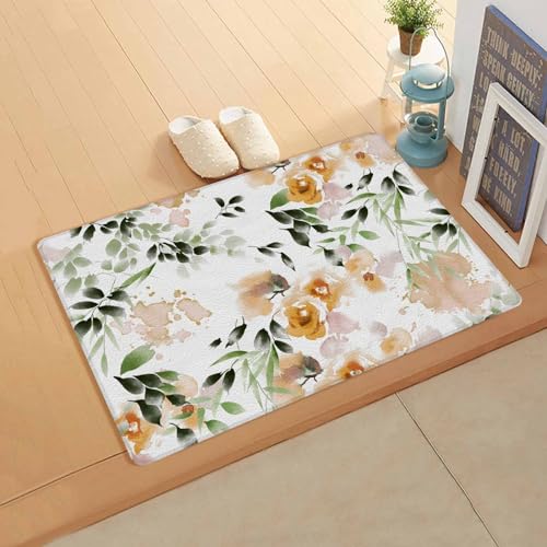 Vintage Orange Rose Kitchen Bath Door Mat Cushioned Runner Rug,Washable Welcome Floor Sink Antifatigue Mat,Waterproof & Non-Slip Comfort Standing Doormat,Botanical Wildflower Sage Leaves 18