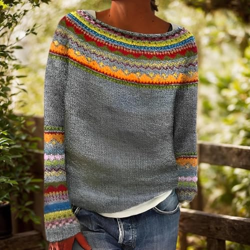 Women's Casual Colorful Retro Knitted Fair Isle Print Sweater 2025 Trendy Fall Winter Oversized Lightweight Pullover Tops2