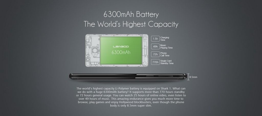 Diagram showing the internal 6300mAh battery of the LEAGOO Shark 1 and its estimated usage times.