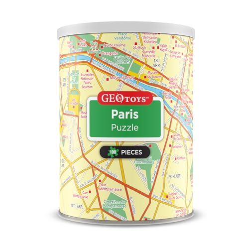 Geotoys Paris Mini Puzzle - 100 Piece Puzzles for Kids and Adults in Portable Can, 13" x 10" Educational Travel Puzzle for Ages 7 and Up - Mini Puzzles to Learn & Explore Geography