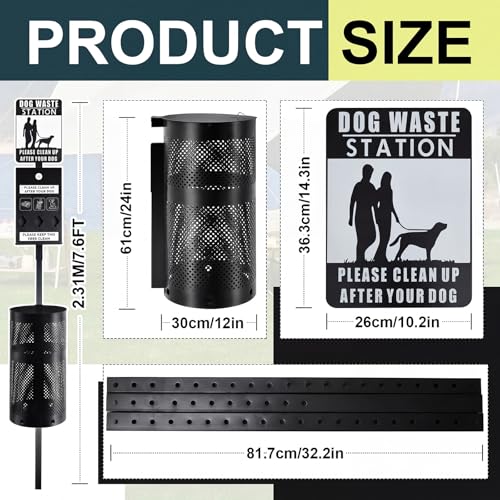 Image of Qinyoung Dog Waste Station Galvanized Steel Outdoor Pet Bin with Poop Bag Dispenser Reflective Sign Rust Proof for Backyard Commercial Park (Black)