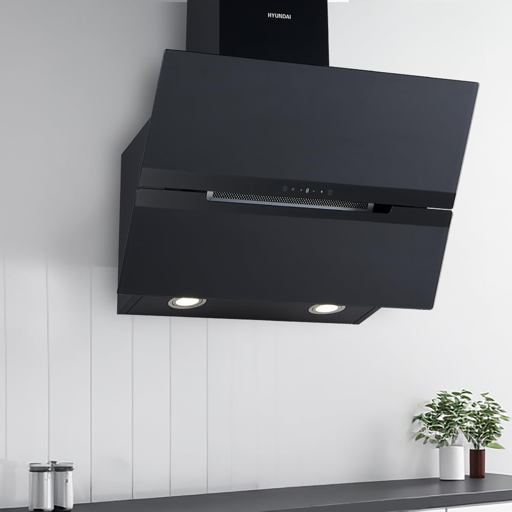 Hyundai Campana Extractora Inclinada 90cm, Cristal Negro, HCDE90DCB00. Potencia 831m3/h, 3 Velocidades, 2 Filtros, 64 dB Nivel Sonoro, Control Táctil, Filtro apto para Lavavajillas