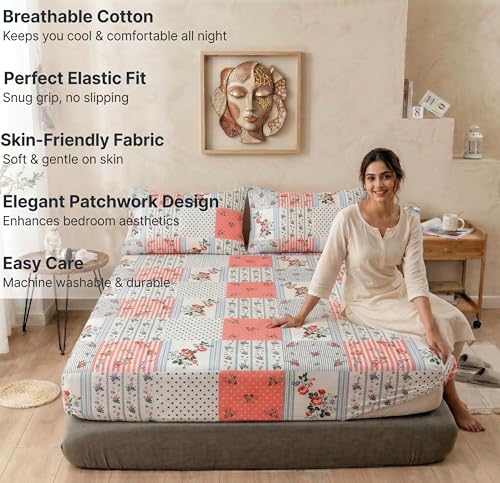 Image of VAS COLLECTIONS Cloud Cotton Corner Elastic Fitted Double Bedsheet Set (78 x 72 + 8 Inches) with 2 Pillow Covers | 160-180 TC Soft Breathable Cotton Fitted Sheet | Bed Sheet (Pastel Patchwork)