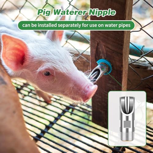 Lonepetu 4 Pcs Pig Waterer Nipples for Barrel Kit, Stainless Steel Hog Waterer Nipples Automatic Pig Nipple Water Drinker Feeder Water System with Brass Tank Connector Kit for Piglets Goat