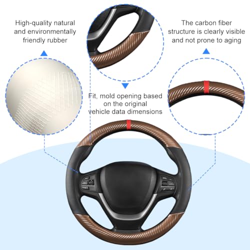 Ywdiml Car Steering Wheel Cover, 14.5-15\" Carbon Fiber Vehicle Steering Wheel Protector with Non-Slip Lining, Breathable Auto Interior Decoration Accessories, Universal for Vehicles (Black/Coffee)