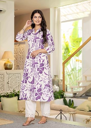 Image of Pistaa's Women's Floral Print A-Line Kurta with Lace Palazzos
