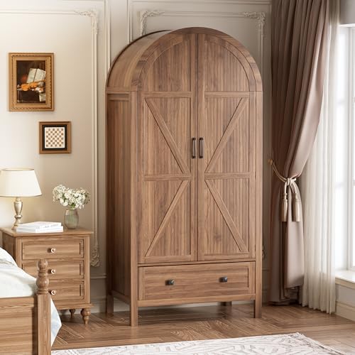 MSFE Roupeiro Quarto,Armario Ropero con Cajones y Dos Puertas Acanaladas Arqueadas,Armario de Dormitorio de Madera con Luz LED,Estantes y Barra para Colgar para Dormitorio o Entrada,78 * 45 * 180cm