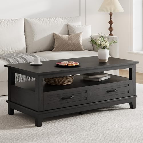 GarveeHome Farmhouse Coffee Table with Drawers, 47.2 in Center Table Rustic Coffee Tables Black Living Room Table, with Open Shelf and 6 Support Legs,
