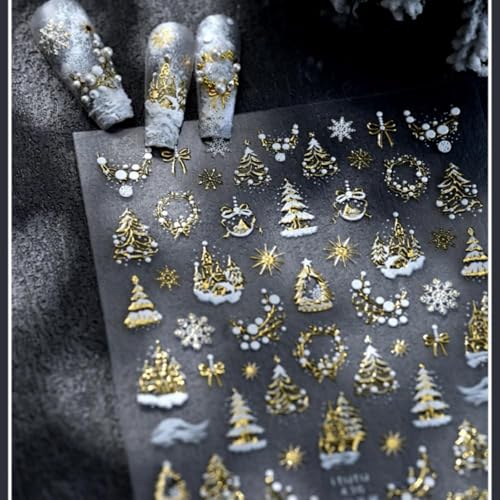 Image of Gold Nail Stickers Christmas Nail Art Stickers Xmas Tree Nail Decals 5D Embossed Self Adhesive Nails Decals Garland Nails Sticker for Women Girls Manicure Decoration Accessories
