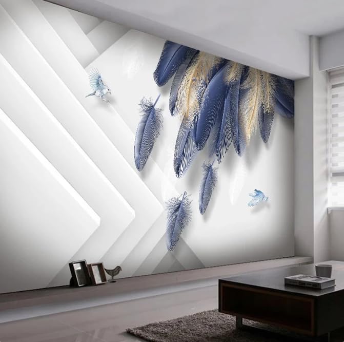 Papier peint photo moderne 3D salon chic plume bleue dorée