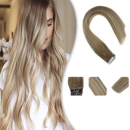 Youngsee Ombre Platinum Blonde Tape in Real Hair Extensions Color #15 Fading to #60 Mix #15 Blonde Balayage Human Hair Extensions Tape in 14inch 20pcs/50g