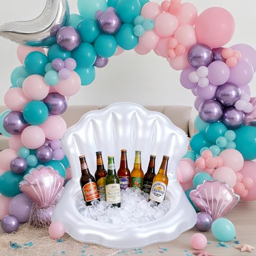 Gemscream 1 Pcs Mermaid Birthday Decorations Seashell Pool Float Cooler Blow up Inflatable Drink Holder for Under The Sea Theme Party for Summer Decor (White)