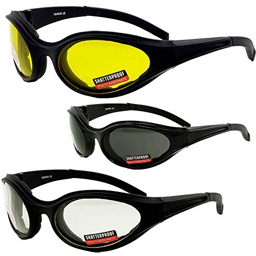Global Vision Set of 3 New Pairs of Birdz Raven Motorcycle Sunglasses Riding Glasses Smoke Clear Yellow Lenses