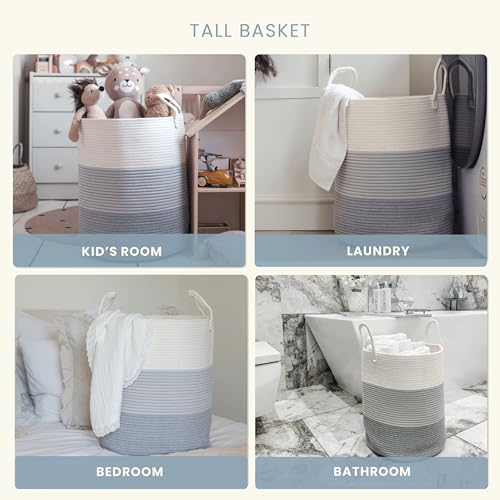 Image of OrganiHaus Tall Cotton Rope Laundry Basket & Hamper, Blanket Storage 52L | 3-Toned Gray - Tall Cotton Rope Hamper, 52L