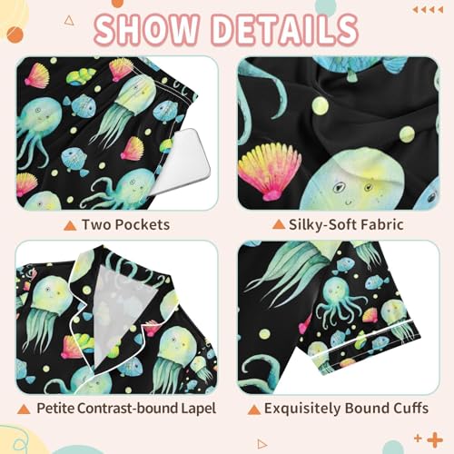senya Watercolor Octopus Jellyfish Satin Summer Pajama Sets Silk Short Sleeve Button Down Sleepwear3