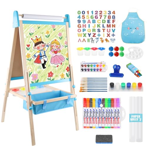 Wooden Easel for Kids Adjustable Kids Art Easel Learning Toy for Boys and Girls Ages 3-4 4-8 8-12 Wooden Blackboard & Magnetic Whiteboard and Drawing Paper Holder 2 Drawing Paper Roll