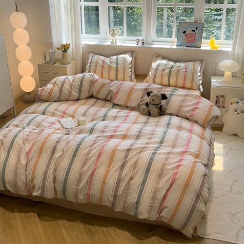 Image of mixinni Vintage Striped Duvet Cover Set Full, 3-Piece 100% Washed Cotton Bedding Set - Soft & Breathable Colorful Comforter Cover with Zipper, All-Season Lightweight Bed Set for Cozy Home