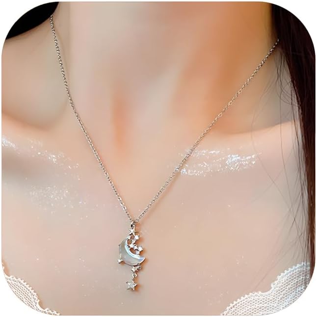 Moon Star Pendant Necklace Moonstone Moon Star Necklace Anniversary Birthday Jewelry for Women Mom Wife