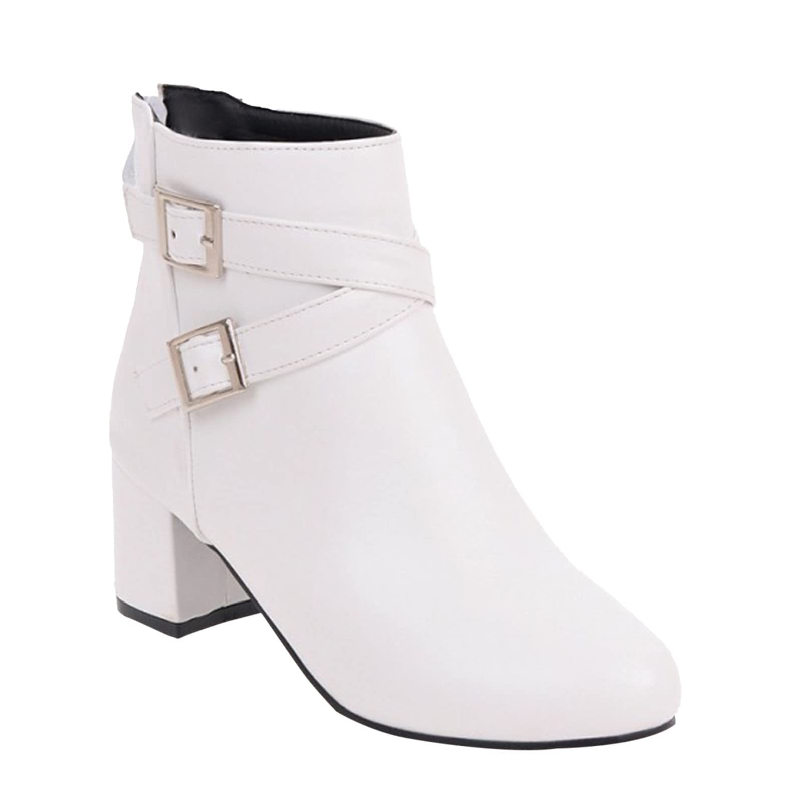 Generisch Winter Damen Ankle Boots mit Dicker Ferse Gürtelschnalle mittlerem Absatz seitlichem Reißverschluss für kalte Tage