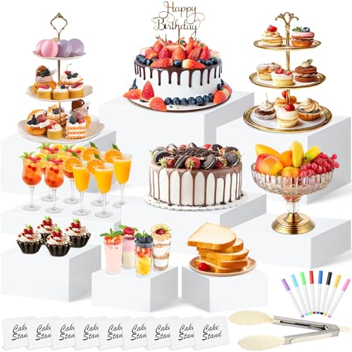 LifeisLuck 9 PCS White Buffet Risers and Stands | Food Display Risers for Buffet Table | Acrylic Stands with Signs and Markers | Cube Boxes for party birthday wedding Catering Collection | Size 10-9-8-7-6-5