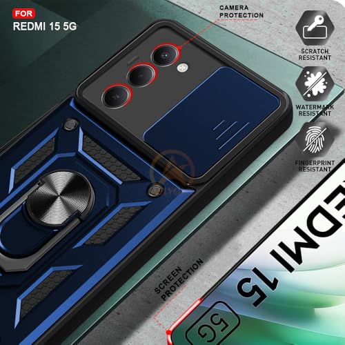Image of Armor Bumper Back Cover Case for Redmi 15 5G | Rotating Camera Cover, Ring Holder & Kickstand | Heavy Duty & 360 Degree Protection Redmi 15 5G Back Cover (Blue)