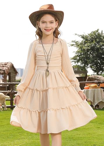 HOZIY Girls Long Sleeve Dress Ruched Smocked Tiered Ruffle A-Line Casual Boho Teen Dresses with Pocket Size 6-16 Years