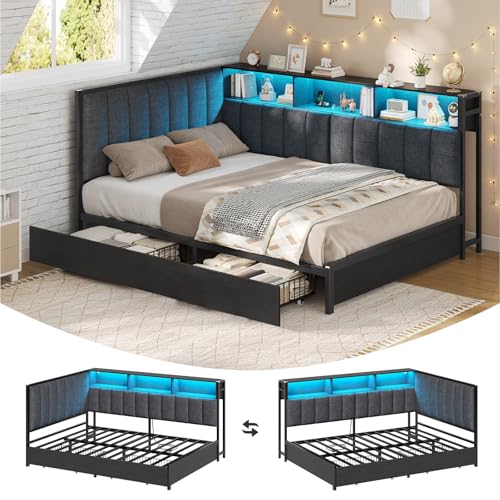 KIMENICH Polsterbett Schlafsofa 140x200 mit LED-Beleuchtung, Ladestation, Hohes Gepolstertes Kopfteil, Tagesbett, Jugendbett mit 2 Schubladen und Lattenrost aus Metall, Offene Regale, Grau KIMENICH Polsterbett Schlafsofa 140x200 mit LED-Beleuchtung, Ladestation, Hohes Gepolstertes Kopfteil, Tagesbett, Jugendbett mit 2 Schubladen und Lattenrost aus Metall, Offene Regale, Grau