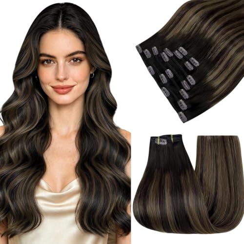 Easyouth Clip in Human Hair Extensions Balayage, 20 Inch 7pcs 120g, Real Hair Clip in Extensions, Dark Brown to Light Brown Ombre, Remy Hair Extensions Clip in, Simple to Put in and Take Off