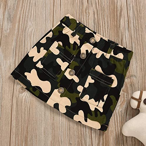Image of Toddler Baby Girls Camouflage Outfit Black Letter Tops Shirt + Denim Skirt Dress Shorts Summer Two Piece Clothes Set
