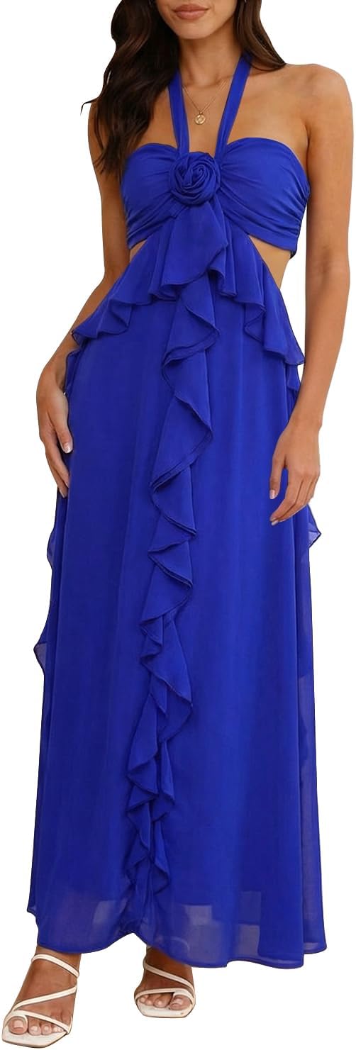 Womens 2026 Casual Long Summer Dresses Halter Strappy Flowy Beach Vacation Maxi Dress with Bra