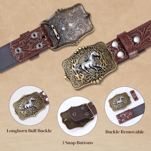Image of Cowboy Cowgirl Belt Western Belts for Men Women Floral Engraved Longhorn Bull Buckle Belt for Jeans