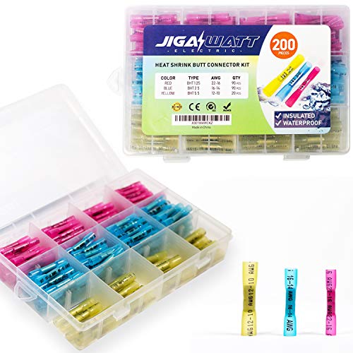 Heat Shrink Butt Connectors - 200PCS Waterproof Terminal Wire Crimp Connector Kit - Insulated Tubing Electrical Copper Wires for Marine Automotive in 3 Sizes (AWG 22-16, AWG 16-14, AWG 12-10)