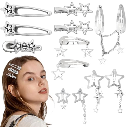 Canitor Y2k Star Hair Clips Cute Kawaii Metal Punk Snap Clips Barrettes for Women Teen Girl Silver Goth Emo 2000s Grunge Rave Kpop Fashion Hair Accessories for Concert Outfit (silver 12pcs)