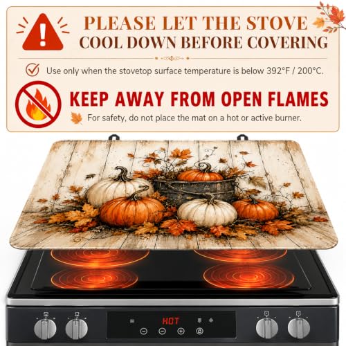 Image of Fall Pumpkin Stove Top Cover for Electric Stove 28 inchx 20 inch Wood Grain Background Heat Resistant Glass Top Stove Cover Protector, Glass Cooktop Covers, Kitchen Flat Stove Top Covers