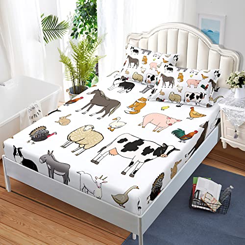 Bailipromise Cute Animals Sheets Kids Queen Cartoon Farm Horse Cow Sheep Pig Bedding Set For Girls Boys Kawaii Animal Bed Sheets 4Pcs With Fitted Sheet Flat Sheet Pillowcases Microfiber Deep Pocket #TOP1