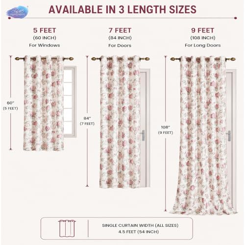 Image of Clasiko Block Print Sheer Window Curtains; 40% Light Filtering Linen Textured Curtains with Eyelets & Tieback | Set of 2 | 54x60 Inches / 5 Feet | Blush Orchid
