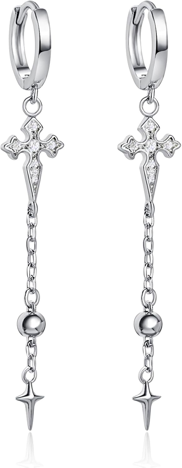 Rhodium Plated Shiny Rhinestone Huggie Hoop Dangle Cross Earrings for Women lightweight/Hypoallergenic With Small Ball Nickel Free Family Friends Gifts