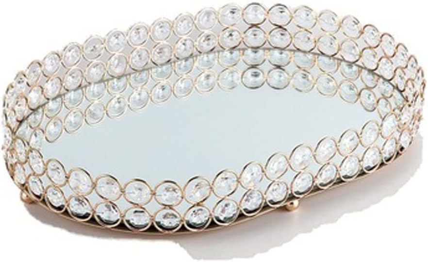 Glass Metal Storage Tray Golden Oval Fruit Tray Desktop Small Items Jewelry Display Tray Plate (Golden 1)