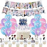 Kpop SEVENTEEN Birthday Decorations Gift Set,SEVENTEEN Birthday Party Supplies Includes SEVENTEEN Banners - Cake Topper - 12 Cupcake Toppers - 18 Balloons