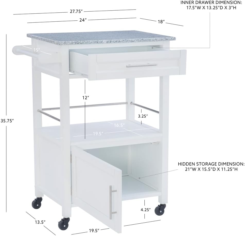 White Linon Storage Cart On Wheels With Granite Top. Great For Small Kitchens!!