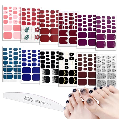 WOKOTO 12 Sheets Self-Adhesive Nail Polish Wraps for Toes and 1Pc Nail File, Shinny Solid Silver Stick On Nails Stickers Toe Nail Polish Strips for Women Girl Kids Toenails Strips
