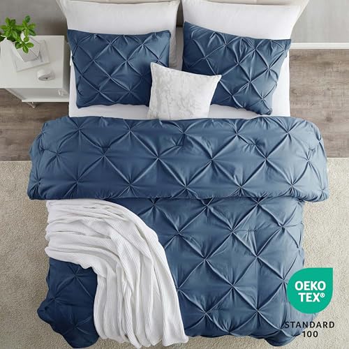 Image of Nestl Twin Duvet Cover Set Navy Blue - Soft Double Brushed Duvet Set with Button Closure & Corner Ties, 2 Piece Luxurious Pinch Pleated Duvet Cover Set 68x90 Inches with 1 Pillow Sham
