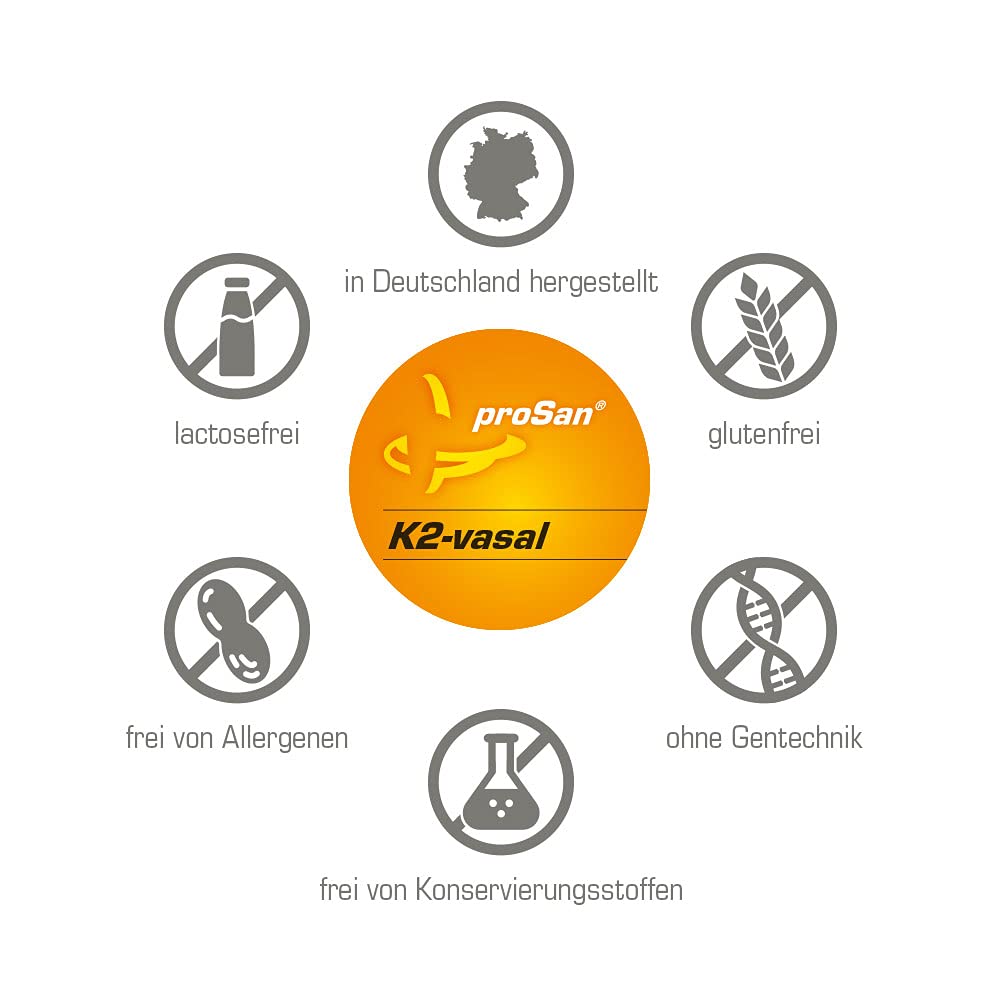 proSan K2-vasal (Monatspackung, 30 Kapseln) | 180 µg Vitamin K2, Vitamin C, Olivenöl-Polyphenole, Unterstützt Blutgefäße (Arterien) mit Vitamin C , Nur 1 Kapsel täglich